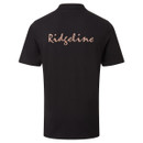 Back view of a black Ridgeline men’s polo shirt against a white background, featuring bold script branding across the upper back.
