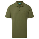 Men’s green polo shirt laid flat on a white background, displaying the classic collar, three-button placket and chest embroidery.