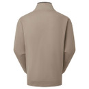 Back view of a beige quarter-zip sweatshirt on a white background, showing its clean, minimal design and relaxed fit.