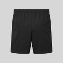Back view of black men’s elastic-waist shorts with a clean, minimalist design and a straight hem for casual outdoor wear.
