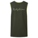 Back view of a dark green Ridgeline sleeveless singlet showing contrast green edging and “Ridgeline” printed across the upper back.