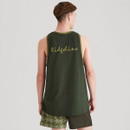 Rear view of a model in a dark green Ridgeline singlet with “Ridgeline” script printed across the back, worn with light-and-dark green two-tone shorts.