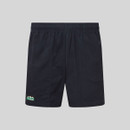 Men’s navy Ridgeline shorts with elasticated waistband, curved front pocket and small mountain logo patch near the hem.