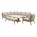 Corner outdoor lounge and dining set with matching bench and armchair, shown with the rectangular adjustable table lowered to coffee-table height.