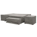 Outdoor right-hand corner lounge and dining set fully covered with fitted grey protective covers over the sofa, table, armchair and bench.