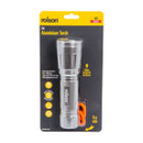 Packaged silver aluminium torch with orange lanyard, labelled "Rolson 5W, 450 Lumens." Features include adjustable focus and three light modes.