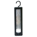 Black portable LED work light with a hook for hanging. The front features multiple rows of bright LED bulbs, conveying a practical and functional tone.
