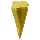 A gold-colored wood splitting wedge with a textured surface and tapered point, designed for efficient log splitting. It conveys a tone of durability and functionality.