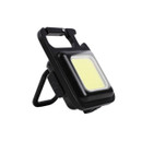 A compact black LED work light with a bright yellow panel. It features a sturdy handle and a foldable stand, conveying a sense of portability and efficiency.