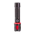 A black flashlight with a textured grip and red accents is centred against a white background. A power button is visible near the base, giving a sleek and modern look.