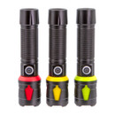 Three black flashlights with textured grips are aligned vertically. Each has a distinct bottom accent colour: red, yellow, and lime green.