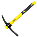 A yellow and black mattock with a rubberized handle is shown against a plain white background, featuring a sharp horizontal blade and a pointed tip.