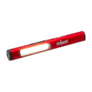 A red pen-shaped LED torch with the word "rolson" on its side. It has a bright white light, a black button, and a compact design.