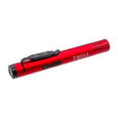 A red metal torch with a black clip lies diagonally. It features icons and text on the side, conveying a sleek, practical design.