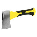 A small axe with a shiny metal blade and a yellow and black ergonomic handle, displayed on a white background, conveying a sense of utility.