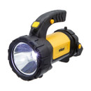 Yellow and black handheld flashlight with a sturdy grip and prominent front lens. The flashlight is turned on, emitting a bright white beam.