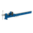 A blue metal bar clamp with a silver handle and adjustable jaw. The clamp has holes along its length, conveying functionality and industrial use.