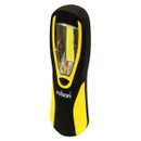 Black and yellow handheld flashlight with an ergonomic grip. It features a wide reflector and a bright LED strip. The brand name is visible.