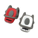 Two small, oval-shaped silicone bike lights, one red and one white, with grey accents and black text. They have a playful, modern design.