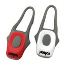 Two silicone bike lights with loops for attaching. The left light is red with a grey button, and the right is white with a grey button. Both have the brand "Rolson" printed at the bottom.