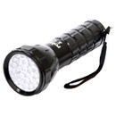 A black LED flashlight angled upward, featuring multiple bright bulbs and a textured grip. It has a black wrist strap attached, conveying utility and reliability.