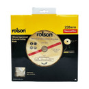 Packaging for a 230mm segmented diamond cutting blade by Rolson. The box is yellow and black with product details and usage icons visible.