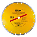 Circular yellow diamond cutting blade with silver segments, marked with 'rolson' and safety instructions. Designed for dry cutting on concrete.