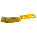 Yellow-handled wire brush with dense metal bristles, angled for cleaning tough surfaces. Bright, utilitarian design, evokes durability and efficiency.