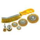 A set of seven wire brushes includes a handheld brush with a yellow handle and six round brush attachments for power tools, all with metallic bristles.