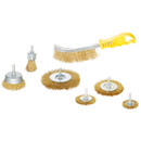 Set of five brass wire wheel brushes and a curved wire brush with a yellow handle, arranged against a white background. Tools are used for cleaning and polishing.