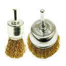 Two metallic wire cup brushes with twisted brass bristles and cylindrical shanks, placed side by side, on a white background.