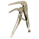 Adjustable locking pliers with a metallic finish are shown. The tool's jaws are open, revealing serrated grips, and a screw is visible at the handle's end.