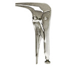 Close-up of a silver locking plier with serrated jaws. The tool is shown in profile view, displaying its metallic texture and adjustable screw.