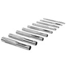 A set of nine silver hole punch tools of varying sizes, arranged in a diagonal line on a white background. The tools have textured grips, indicating precision and utility.
