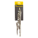 Long nose locking pliers on a black and yellow packaging card. The metallic tool features a pointed, serrated grip designed for precise holding.