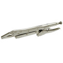A metallic locking plier with a needle-nose design is shown. The tool features a shiny finish, adjustable tension knob, and a parallel jaw grip in a neutral position.
