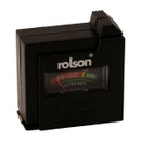 A black battery tester with the brand name in white on top. The meter shows levels from "Replace" in red to "Good" in green, indicating battery health.