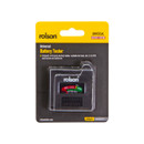 Compact battery tester in packaging, labeled "rolson Universal Battery Tester." Suitable for various batteries, with a simple, practical design.