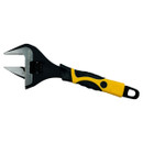 Adjustable wrench with a black and yellow ergonomic handle. The jaws are open, showcasing a measurement scale. The tool evokes a sense of precision and utility.