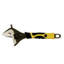 Yellow and black adjustable wrench with a rubber grip handle, featuring a metal loop at the end. The tone is practical and utilitarian.