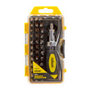 A transparent case with yellow accents holds a 36-piece stubby ratchet screwdriver set. The black and yellow screwdriver handle is visible inside.