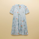 Light blue striped short-sleeve dress laid flat, featuring a floral print, V-neckline, puff sleeves and tiered skirt.