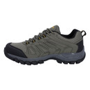 Opposite side profile of Hi-Tec waterproof walking shoe with grey mesh panels, olive synthetic overlays and cushioned midsole.