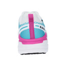 Rear view of a white Hi-Tec Promenade trainer with turquoise heel panel, pink pull tab and padded collar for comfort and support.