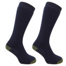 Two navy blue knee-high socks with olive green accents on the toes and heels, set against a white background. The socks appear soft and warm.