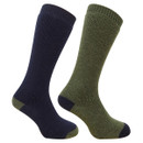 Two knee-high socks are displayed, one navy blue with olive green toe and heel, the other olive green with navy accents, highlighting warm, cosy tones.