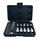 A black tool case is open, displaying a set of shiny silver sockets and bits. The neatly organized tools convey a sense of precision and utility.