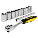 A set of shiny chrome socket wrenches aligned in a row, accompanied by a ratchet handle with a black and yellow grip, evoking a practical, mechanical feel.