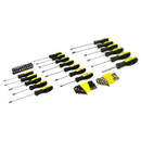 Set of various screwdrivers and bit attachments with black and yellow handles. Includes hex keys in yellow holders, arranged neatly on a white background.