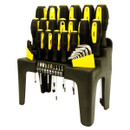 A set of 24 yellow and black-handled screwdrivers in a black plastic stand. Includes various sizes and types, neatly organized for easy access.